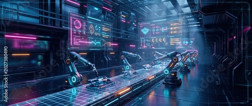 Robotic arms on an automated assembly line in a futuristic factory with glowing displays