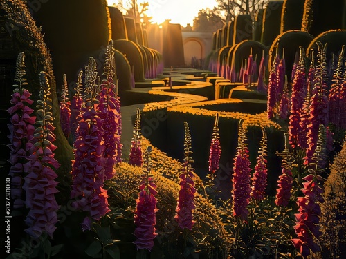A serene garden with vibrant flowers.