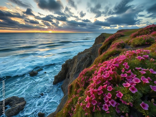 Vibrant pink flowers on a rocky coastline at sunset with ocean waves.