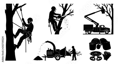 Arborist Tree Care Icons: Climber, Chainsaw Pruning, Bucket Truck, Wood Chipper, Safety Gear Set, Arboriculture Services