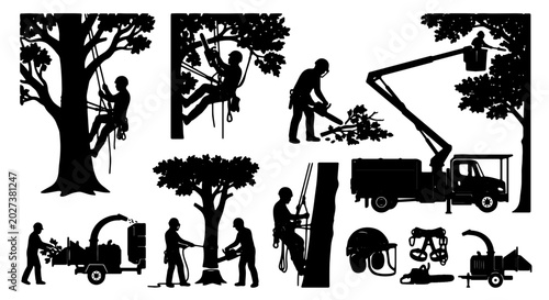 Tableau sur toile Arborist Tree Care Silhouettes, 12 Vector Icons for Arboriculture, Landscaping,
