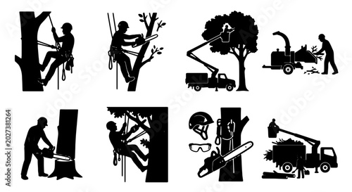 Arborist Icon Set, Tree Care Silhouettes, Professional Tree Surgeon Graphics, Arboriculture Vector Collection