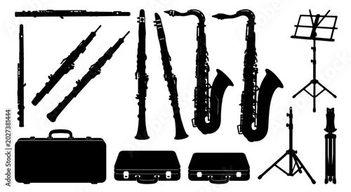 Photography Black Silhouette Musical Instruments Collection, Woodwinds, Saxophones, Cases, M