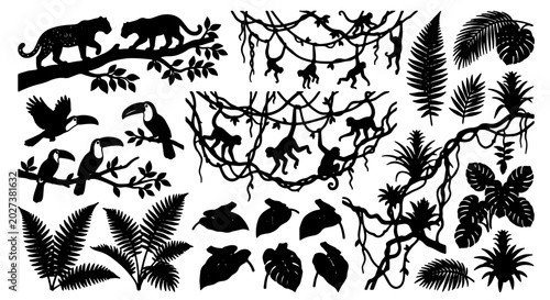 Photography Jungle Silhouette Vector Elements: Tropical Plants, Monkeys, Toucans, and Big Ca