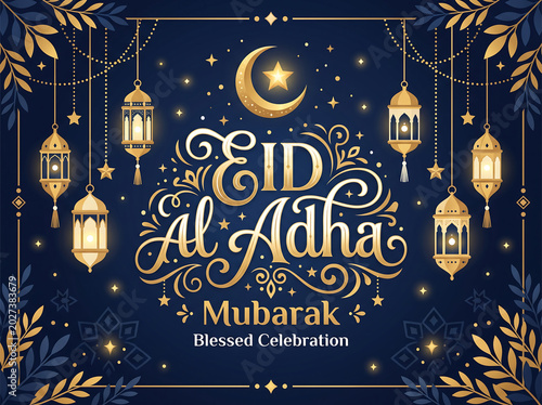 Eid al adha mubarak greeting with crescent moon and ornate lanterns, eid al fitr