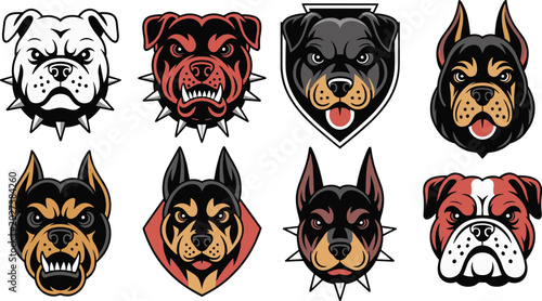 Photos Aggressive Dog Mascot Head Vector Icon Set with Angry Bulldog Rottweiler Pitbull