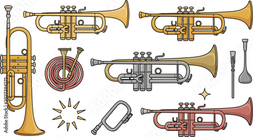 Schilderij op canvas Brass Trumpet Musical Instrument Icon Set with Classic Trumpets Mouthpieces Horn
