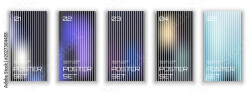 Abstract dark elegant minimal poster set template with original conceptual glowing fluid gradient and 3d vertical lines for modern summer sale campaign.