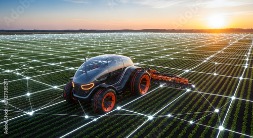 Futuristic autonomous farm tractor operating in a field with global network grid overlay