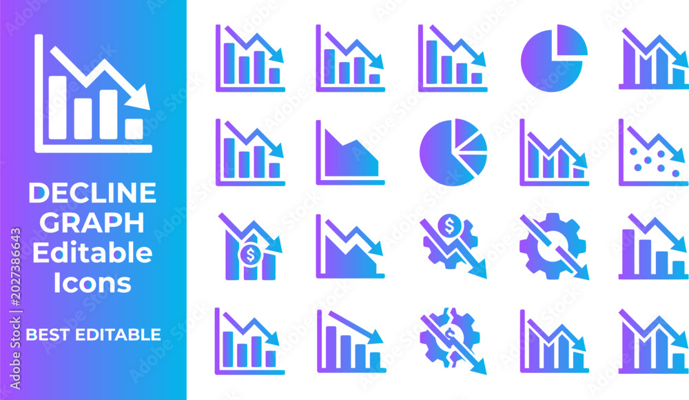 Fototapeta premium Graphic set of decline graph editable icons with arrows and chart elements.