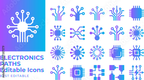 Electronics paths editable icons set circuit board connections and microchip technology symbols.