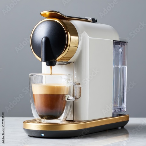 Elegant coffee machine brewing espresso into clear glass cup