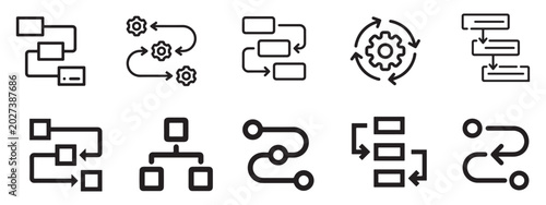 Business Workflow and Logic Process Icon Set - Flowchart, Optimization, and Strategy Management Symbols