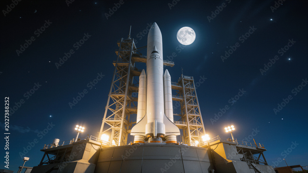 Fototapeta premium Spacecraft standing on launch pad under full moon at night. Rocket ready for mission at spaceport with floodlights.