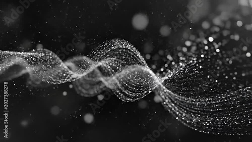 Abstract Swirling Particles Flowing Through Dark Space with Bokeh Lights.
