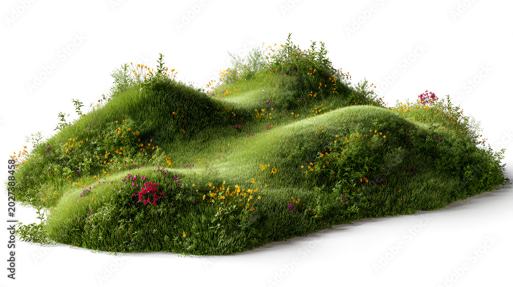Fototapeta premium Minimal green meadow landscape shaped like soft hills, isolated on white background. Concept of eco design, nature harmony and sustainable environment.