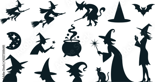Cuadro en lienzo Spooky Halloween Witch Silhouette Icon Set Featuring Flying Witches on Brooms Ca