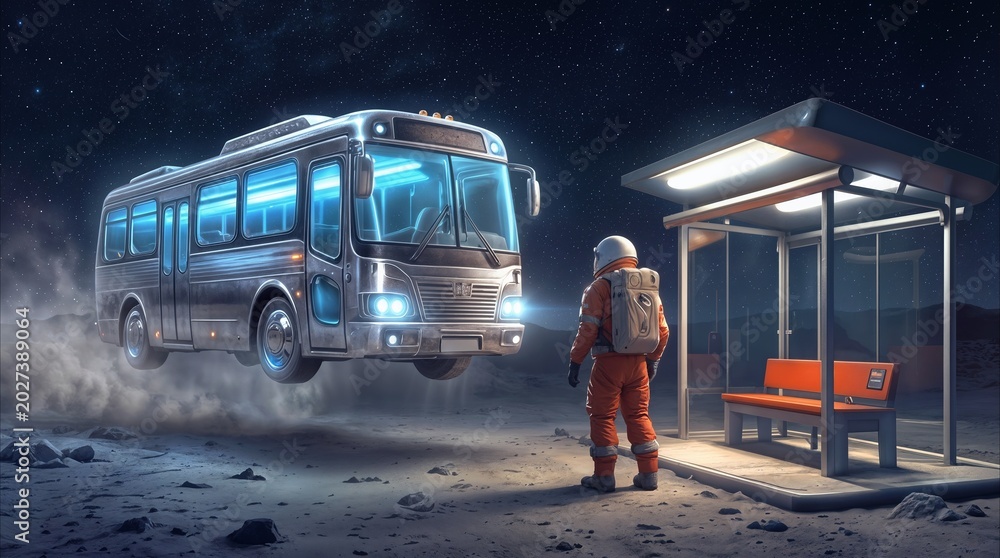Fototapeta premium Futuristic hovering bus approaching an astronaut at a lunar station. Sci-fi concept of public transportation on a moon-like planet surface.