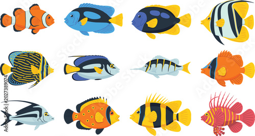 Bild auf Leinwand Tropical Coral Reef Fish Icon Set Featuring Clownfish Blue Tang Lionfish and Moo