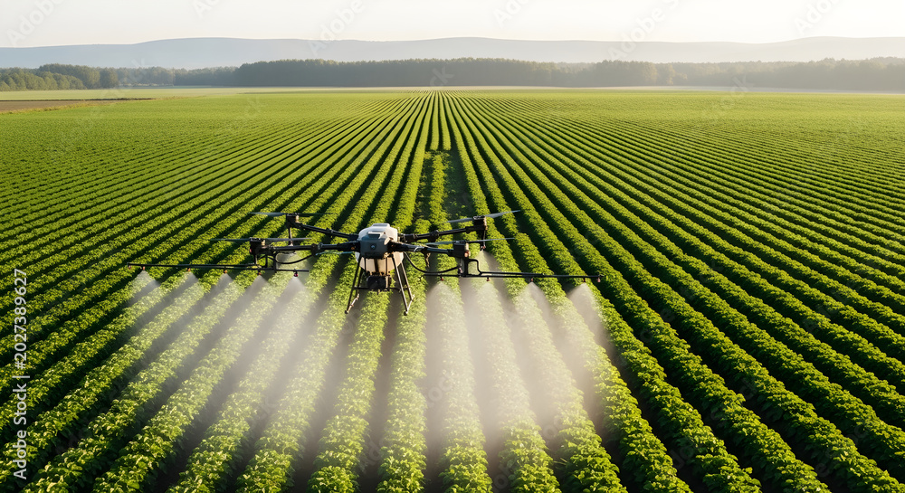 Fototapeta premium Industrial agricultural drone spraying crops in a large green field