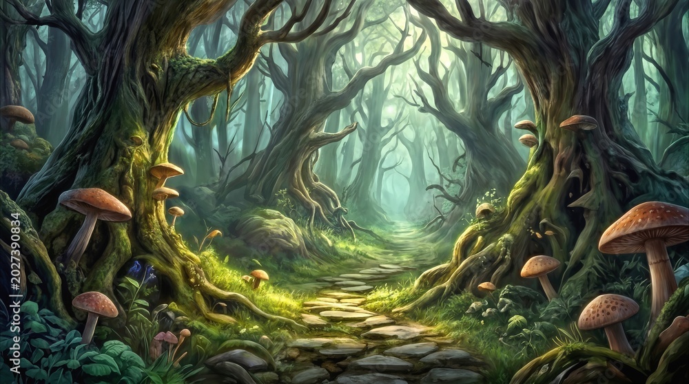 Fototapeta premium Mossy stone path winding through a magical forest with gnarled trees and large wild mushrooms. Whimsical woodland landscape with soft light filtering through the canopy.