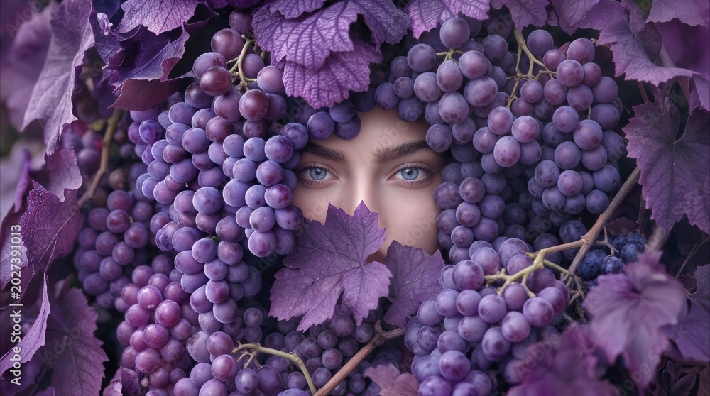 Fototapeta premium Blue-eyed woman peeking through clusters of purple grapes and vine leaves. Surreal portrait of female face framed by ripe fruit in vineyard setting.