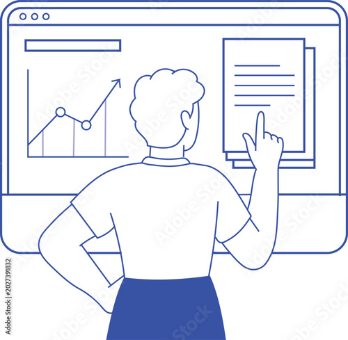 Business analyst looking at data charts and documents on screen