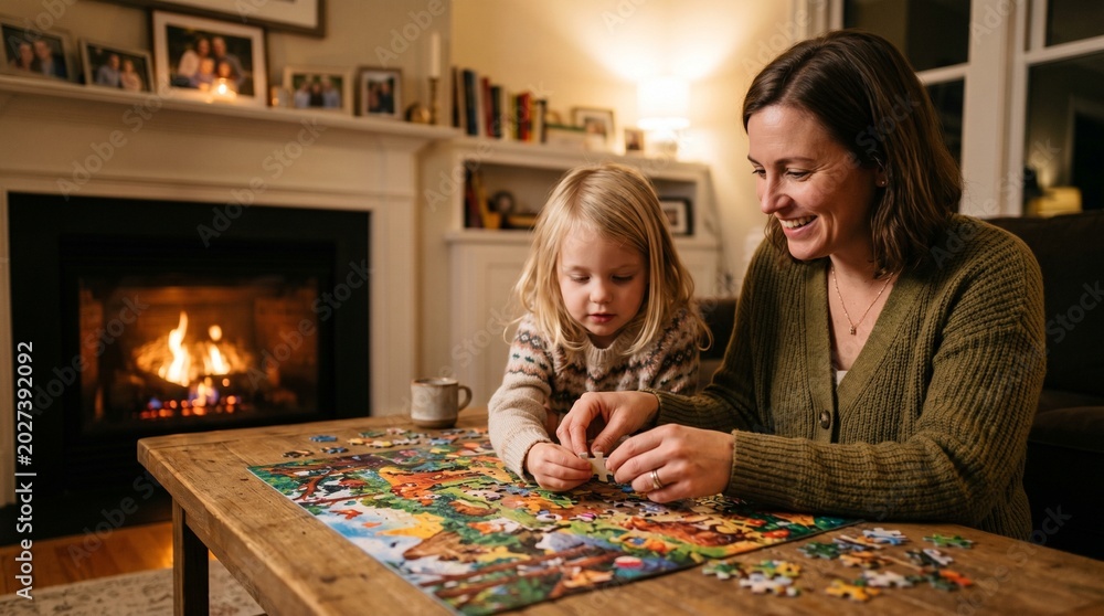 Fototapeta premium Mother and daughter enjoying a cozy evening by the fireplace while assembling a colorful puzzle together