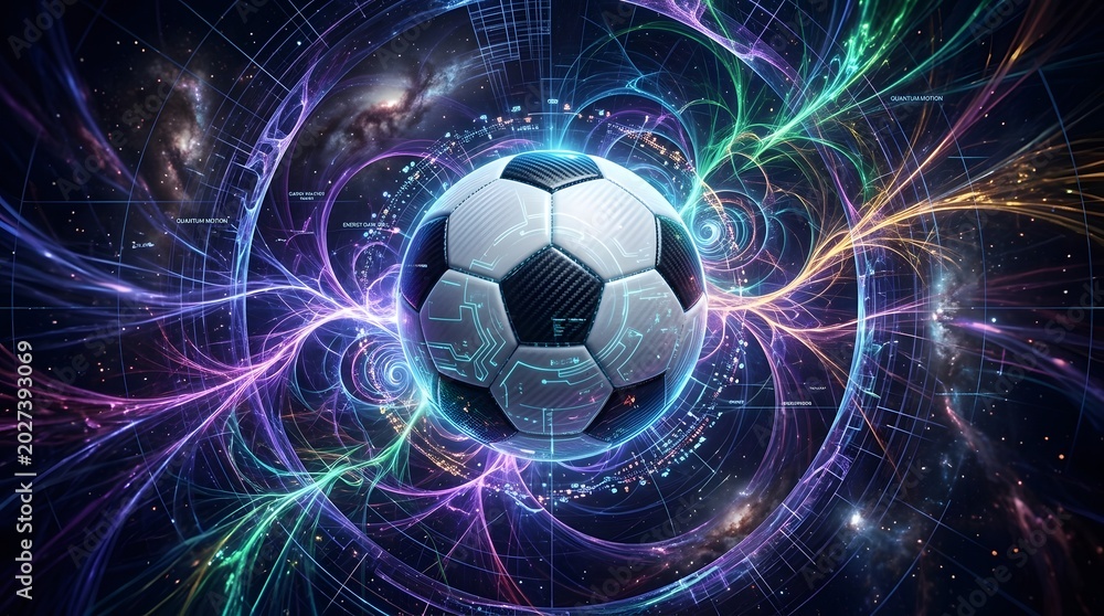 Fototapeta premium Cosmic Football Nexus: A football floats at the center of a vibrant, swirling nexus of cosmic energy, digital patterns, and nebulous starlight, representing the global phenomenon of the sport.