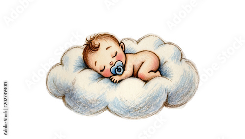 Foto Sleeping baby with pacifier resting on fluffy cloud, isolated on transparent bac
