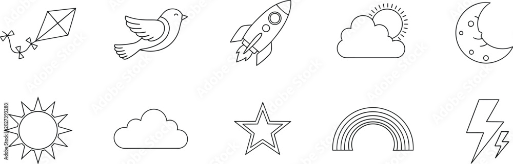 Fototapeta premium Set of hand drawn weather and sky icons including sun moon rocket bird and clouds