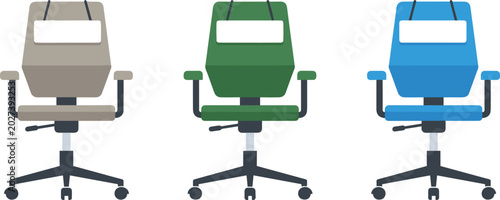 Foto Three Colorful Modern Office Chairs Set in Beige Green and Blue Flat Design Vect