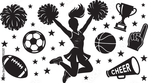 Black silhouette of cheerleader with sports icons