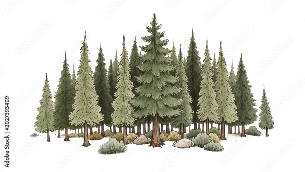 Obraz premium Dense evergreen forest with various pine trees and rocks, isolated on transparent background