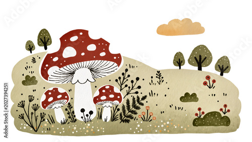 Konstfotografi Red and white spotted mushrooms with foliage and trees, isolated on transparent