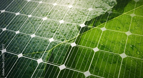 Eco-friendly solar panel with green leaves and water droplets, symbolizing renewable energy and sustainability for a greener future, clean tech and environmental conservation.