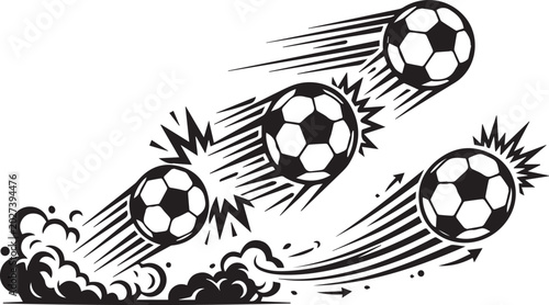 Four soccer balls flying fast in black and white