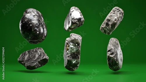 Collection of six raw mineral stones floating against a green background.