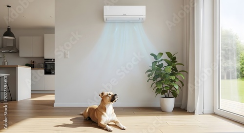 Dog resting in modern living room with wall mounted air conditioner blowing cold air. Concept of pet comfort during summer heat. Climate control system in house interior for cooling.