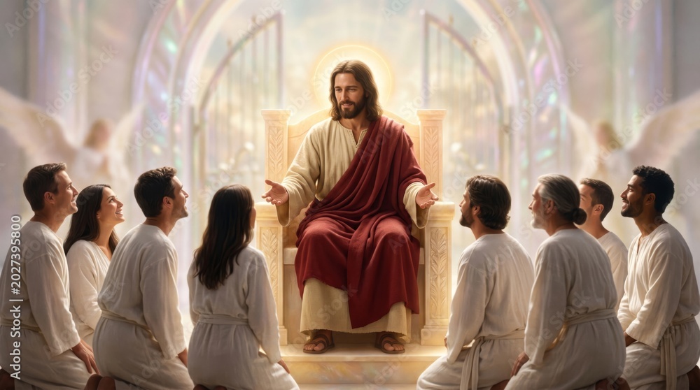 Fototapeta premium Jesus Christ sitting on a throne surrounded by a group of diverse followers praying in heaven. Religious scene of worship and spiritual connection. Concept of faith, peace and divine love.
