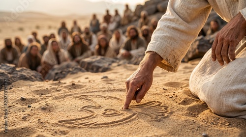Man drawing dove in sand with large group of people watching. Biblical scene depicting Jesus sharing message of peace. Religious historical narrative, spiritual inspiration and faith.