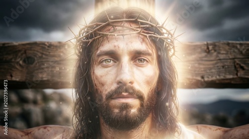Jesus Christ wearing crown of thorn on cross. Portrait of man with religious halo light. Christian symbolism of sacrifice and redemption. Spirituality and divine faith concept.