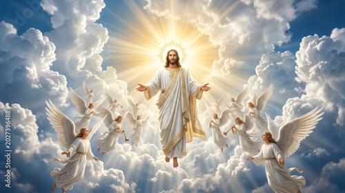 Jesus Christ ascending into heaven surrounded by angels. Religious scene depicting the resurrection with divine light in the sky. Spiritual concept of salvation and faith in Christianity.