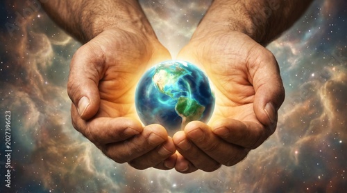 Man holding glowing planet Earth in hand against deep space background. Global connection and environment preservation concept. Sustainability and world unity for earth day campaign.