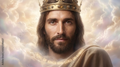 Portrait of Jesus Christ wearing a golden crown against a background of heavenly clouds. Religious concept representing faith, divinity, spirituality, and divine love and leadership.