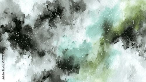 Photography Abstract ethereal watercolor nebula, cosmic cloudscape, swirling hues green, black, white, scattered bright pinpoint stars, dreamlike celestial panorama