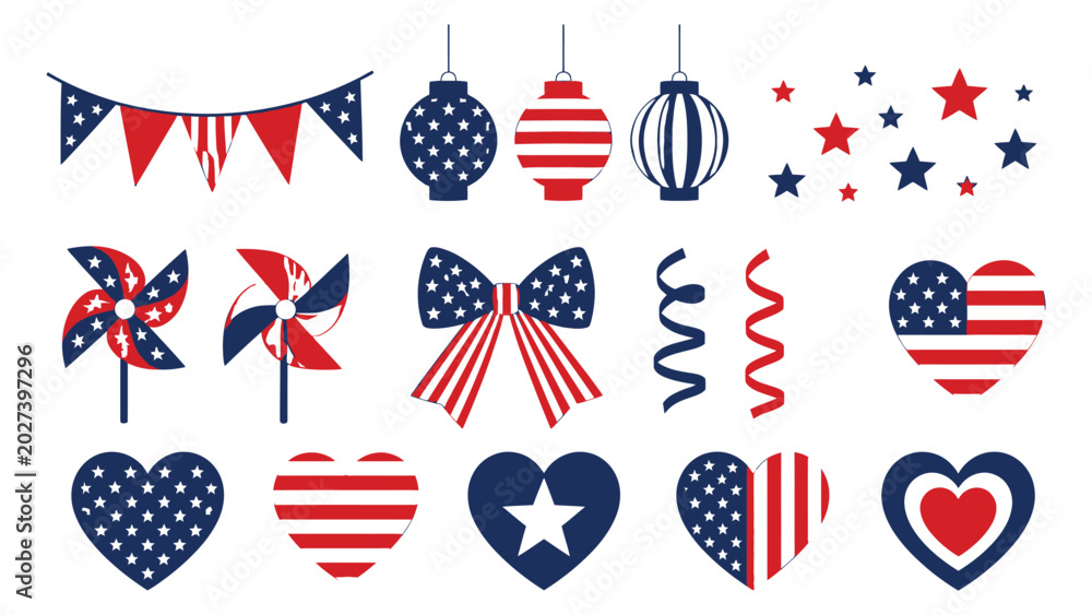Obraz premium Patriotic independence day celebration elements featuring stars stripes bows and hearts on white background