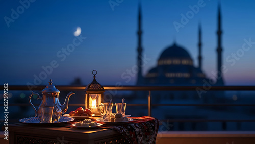 Ramadan Iftar Table Setting with Mosque Silhouette and Crescent Moon at Dusk
