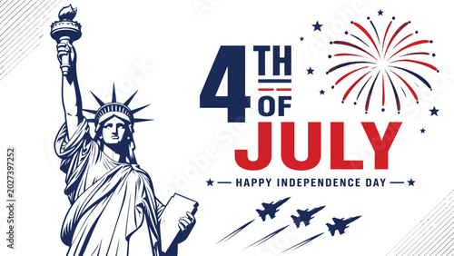 Patriotic 4th of july celebration banner featuring statue of liberty illustration and fireworks graphic