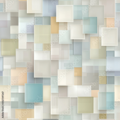 Seamless abstract 3D square mosaic pattern with soft pastel gray blue cream and layered tile texture